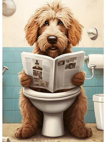 QINRUBB DIY Welpe Liest Zeitung Diamond Painting Erwachsene, 5D Hund Diamant Painting Bilder Anfänger, Runder Vollbohrer Toilette Diamant Kunst Kits Kreuzstich Geschenke Home Wand Dekor 30x40 cm