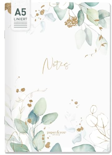 Häfft paper&you Notizheft A5 liniert Blattgold | Softcover Notizbuch mit abgerundeten Ecken, 90 g/m²-Papier & 64 nummerierten Seiten - liniertes Journal ideal für unterwegs