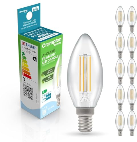 Crompton Lamps LED Ultra-Efficient Candle 2.2W SES-E14 A-Class (10 Pack) (40W Equivalent) 3000K Warm White Clear 470lm SES Small Screw E14 A-Rated Multipack Light Bulbs
