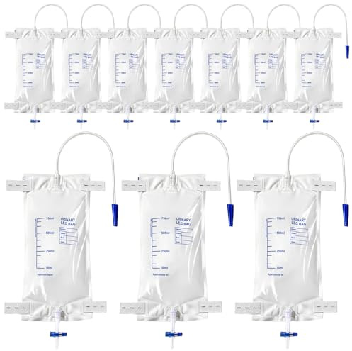 Behogan 10 Stück 750ml Urinbeutel Beinbeutel: Urinbeutel katheterbeutel, Beinbeutel Urindrainagebeutel, Urinsammelbeutel Drainagebeutel mit 2 Riemen, mit Ventil und T-Ablass