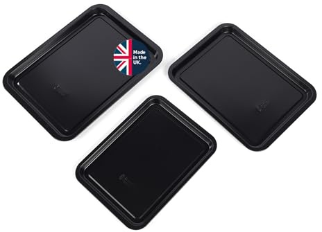 Russell Hobbs Everyday Baking Tray Set, 3 Piece, 25/31/39 Cm | Carbon Steel, ILAG Nonstick Coating, Dishwasher Safe, Stackable Design, Black Finish, Made In The UK