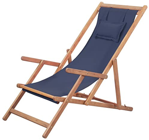 Teenpull Strandstuhl Klappbar, Massivholz Eukalyptus, Blau, Verstellbar, Gartenliege Outdoor, Faltbarer Liegestuhl für Garten, Terrasse, Strand, Camping