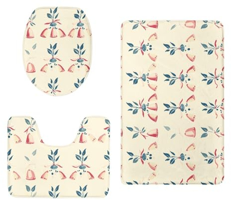 badezimmerteppich Set Beige Rosa Glocke Badezimmermatte WC Teppich Dekoration Schnell Trocknend Badgarnitur 3 Teilig Stand WC Deckelbezug Badvorleger rutschfest Waschbar 50x80 cm