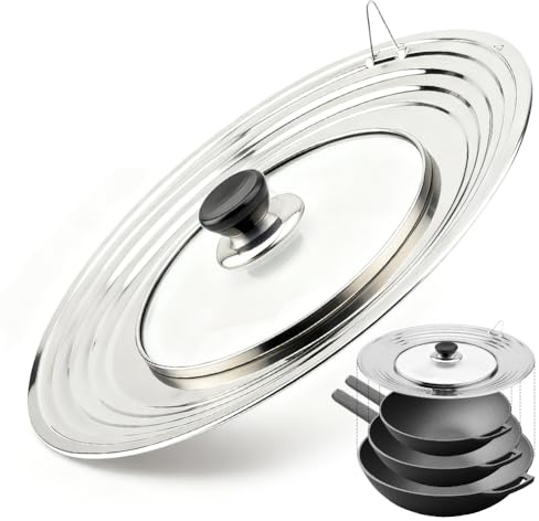 Universaldeckel für Pfannen, 24/26/28/30/32 cm Pfannendeckel Universal, Glasdeckel für Pfannen und Töpfe, mit abgestuftem Edelstahlrand, Topfdeckel mit hitzebeständigem Griff aus Edelstahl