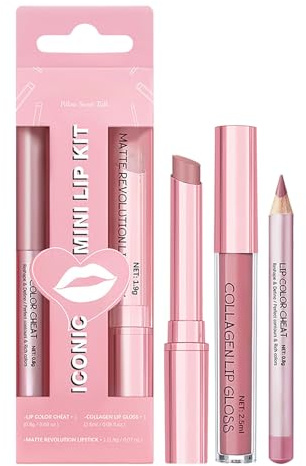 3PCS Lippen-Set: Matt-Flüssig-Lippenstift, Lippenbalsam & Lipliner, feuchtigkeitsspendender, getönter, rosafarbener Lippenbalsam, Kollagen-Lipgloss für trockene Lippen (Rosa)
