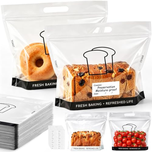 CoKeeSun 50pcs Bread Bags for Homemade Bread to Keep Bread Fresh, Large Zippered Food Bag with Clear Window, Moisture-proof, 50 Labels, Reusable Freezer Storage Bag, for Bakery, Vegetables, Fruit