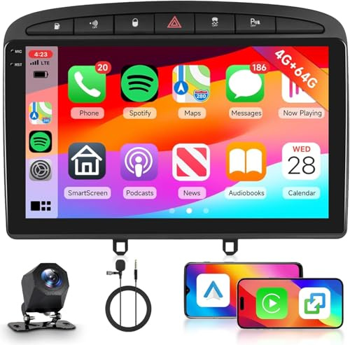 Autoradio 2 DIN Android 13 pour Peugeot 308 2007-2015,9 Pouces Écran Tactile 4+64G,Support CarPlay & Android Auto,Bluetooth GPS FM/RDS WiFi,Poste Radio Voiture avec Navigation