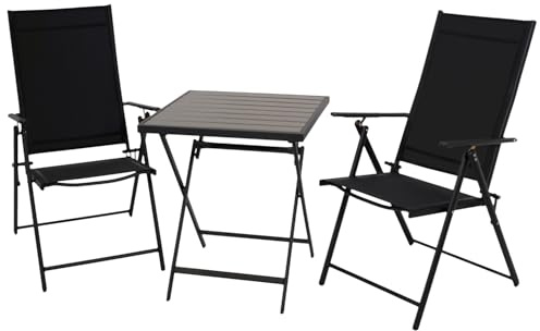 DEGAMO Bistroset Milano 3-teilig, 2X Klappsessel Gestell Metall anthrazit + Kunstgewebe schwarz, Klapptisch 60x60cm eckig Kunstholz grau, Outdoor, Moderne Optik