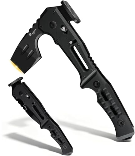 HX OUTDOORS Ascia Tattica Pieghevole da Sopravvivenza, Lama in Acciaio DC53 con Titanio Nero, Ascia da Campeggio con Martello e Apribottiglie, Accetta Pieghevole con Impugnatura G10