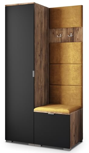 Masseno Flugarderoben Set Lori, Kleiderschrank-Set mit Sitzbank, Garderobenschrank Flur mit 3 Regalböden, Eiche Lefkas/Schwarz