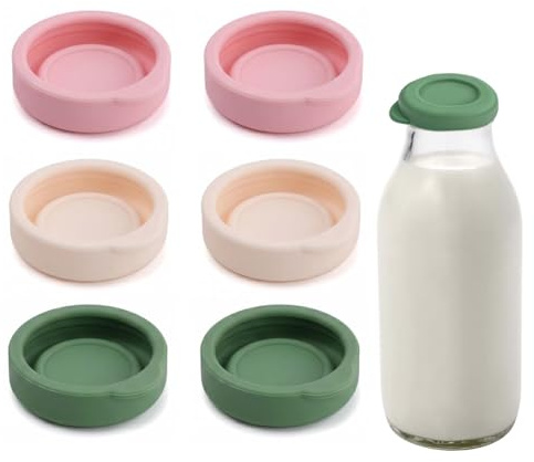 Reusable Silicone Milk Bottle Tops - 6 Pack Glass Milk Bottle Tops for UK 1 Pint Glass Bottles, Leakproof & Airtight Silicone Lids, Dishwasher Safe Milk Storage Bottles Caps (Multicolour)