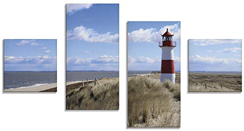 ARTland Wanddeko Glasbilder Wandbild Glas Bild Set 4 teilig 120x70 cm Querformat Strand Meer Nordsee Leuchtturm Sylt Dünen Gräser Wolken Sommer Urlaub T9ML