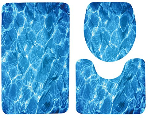 Asnlove Set 3tlg Badematten, Rechteck Badvorleger 75 x 45 cm Badteppich Badgarnitur Matte Badvorleger WC-Deckelbezug Toilettendeckel Set 3tlg Bathroom Rug Mat Weich Duschmatte mit 3D Muster - Blau