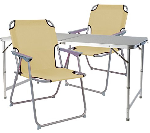 Mojawo 3tlg. Campingmöbel Set Alu 120x60x58/70cm 1x XXL Campingtisch mit Tragegriff + 2 Campingstühle Beige Stoff Oxfort