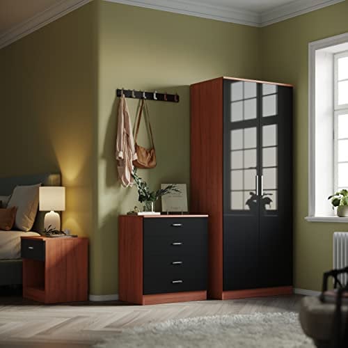 ELEGANT Modern High Gloss Wardrobe and Cabinet Furniture Set Bedroom 2 Doors Wardrobe and 4 Drawer Chest and Bedside Cabinet, Black/Walnut