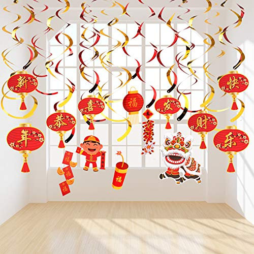 Whaline Lot de 20 décorations à suspendre pour le Nouvel An chinois - Ensemble de danses de lion et de tourbillons - Décoration de fête