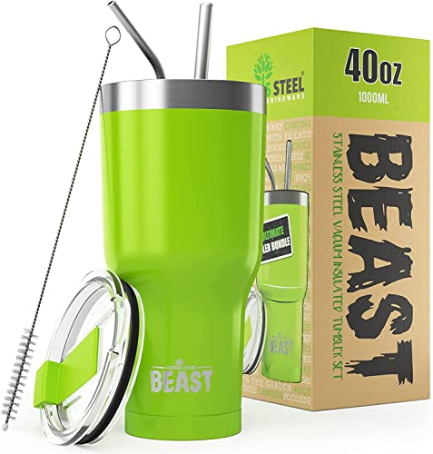 BEAST Mug Isotherme Cafe - 1050ml I Vert Citronnelle I Acier Inoxydable I Réutilisable, Tasses Isothermes I 2 Pailles et Brosse Nettoyage I Thermos Cafés de Voyage Double Paroi I Café Chaud ou Glacé