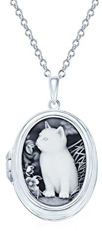 Benutzerdefinierte Eingraviert Hält Bild Vintage Antiken Stil Simuliert Schwarz Weiß Onyx Sitzende Kätzchen Oval Katze Cameo Foto Medaillon Anhänger Halskette Für Frauen Teen .925 Sterling Silber