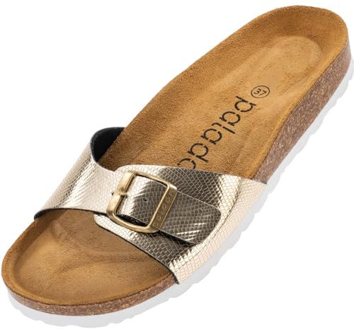 Palado Pantoletten Damen Malta Coralino – elegante Sandalen Made in Spain - bequeme Hausschuhe mit Kork-Fußbett - modische Sommerschuhe Snake Gold UK8 - EU41