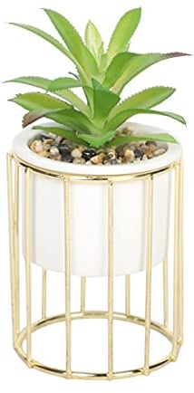 Sleepdown Halo Green Leaf Gold Cage Stand Artificial Faux Plant for Home Office Bathroom Decor Indoor Decoration Aesthetics, Small