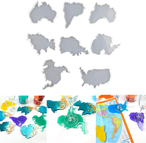 8-teiliges Silikon-Weltkarten-Untersetzer-Harzgussform-Set, 7 Kontinente, Epoxid-Form, Bastelwerkzeug, Gieß-Silikonform, Kristall-Epoxid und DIY-Polymer-Ton, Basteln, Harz-Formherstellungswerkzeuge