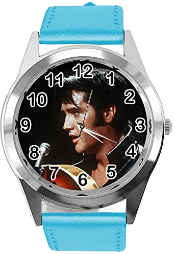 Runde Uhr aus blauem Leder für Rock and Roll Fans E2