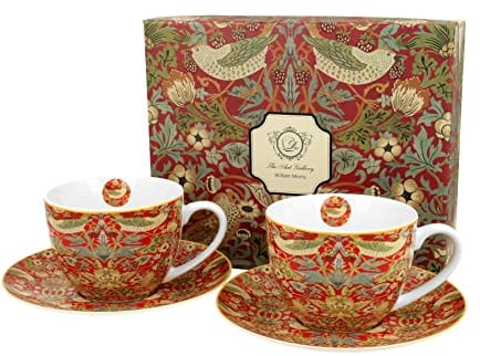Duo Kollektion Art Gallery by William Morris EIN Satz von 2 Tassen mit Untertassen Strawberry Thief RED aus New Bone China Porzellan in Geschenkbox, Kaffeetasse, Füllmenge 280 ml