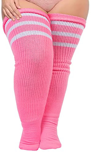 Moon Wood Womens Thigh High Socks Plus Size Extra Long Striped Thick Over the Knee Socks Leg Warmer Boot Stockings Pink & White