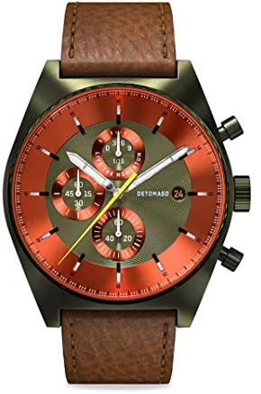 DeTomaso D10 Chronograph Limited Edition Olive ORANGE Herren-Armbanduhr Analog Quarz Lederarmband Dunkelbraun