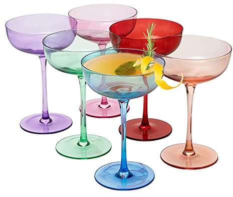 Colored Coupe Glasses - Martini , Cocktail & Champagne Glasses 7oz | Set of 6 | Cute & Colorful Pastel Colored Crystal Cocktail Glassware , Fun Classic Goblet Cocktails Glass, Stemmed Ripple Glassware