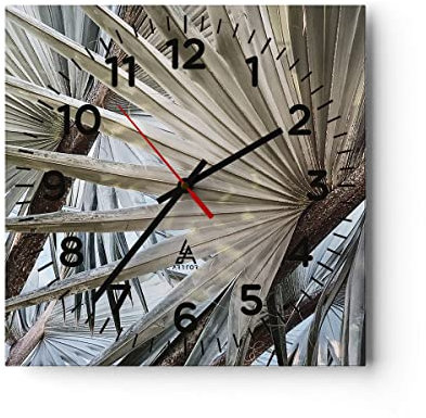 Modern Wanduhr Blatt Palme Natur 40x40cm Quadrat Groß Wand Uhr Glas Analog Zimmeruhren Küche Büro Wohnzimmer Glasuhr Wall Clock Dekoration Design Wanddekoration Küchenuhr C4AC40x40-5056
