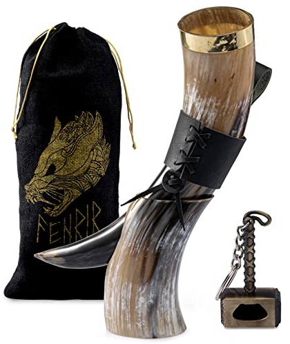 FENRIR Viking Trinkhorn, Messingrand mit Ständer, Leder, schwarzer Holsteröffner, polierter Glanz, für Ale Mead Bier, Kaltgetränke, authentisch (Größe 425 - 510 ml)