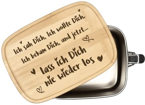 Tassenbrennerei Brotdose mit Spruch - Ich sah Dich, Ich wollte Dich, Ich bekam Dich - 1000ml Edelstahl Box mit Bambusdeckel graviert - Geschenk für Freundin, beste Freundin