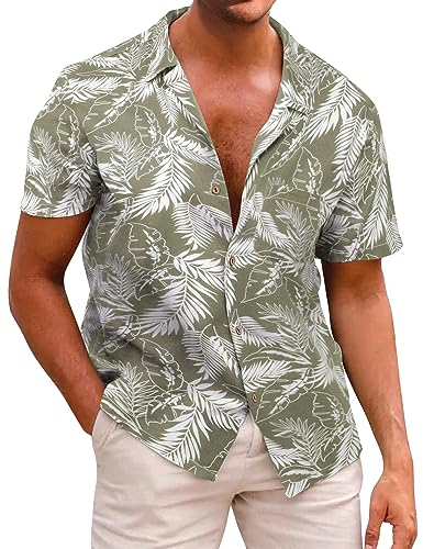 Beotyshow Camisa hawaiana para hombre, camisa de ocio, manga corta, algodón, flores, vacaciones, verano, playa, camisa de viaje, A: Caqui, XXL