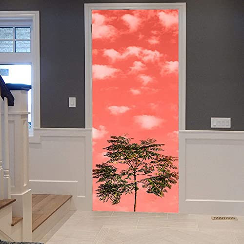 Autocollant Porte Arbres Ciel Rose Paysage 95 X 215 Cm De Salle De Bain Poster De Porte Papier Peint Porte Sticker De Porte Trompe L'Oeil Effet 3D Intérieure Muraux Pvc Stickers Salle De Bain Cuisine