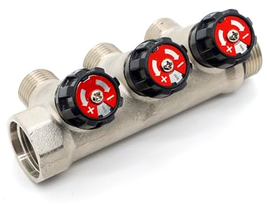 Vancoco Sanitär Messing Verteiler 3-fach mit Absperrventil 3/4 x 1/2 Für Heizung und Wasser Eurokonus