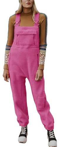 ORANDESIGNE Damen Fleece Warm Latzhose Frauen Lose Lässig Jumpsuits mit Taschen Winter Arbeitshose Overalls A Rosa S
