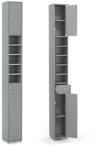 Multigot Bathroom Tall Cabinet, Wooden Slim Cupboard with 1 Drawer, 2 Cabinets & 5 Adjustable Shelves, Narrow Organizer Unit for Bedroom Living Room Hallway (Grey)