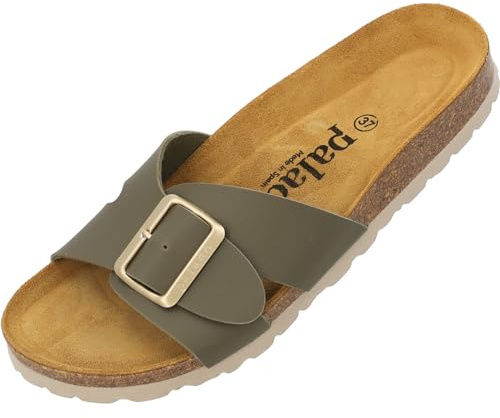 Palado Pantoletten Damen Tinos - bequeme Sandalen Made in Spain - elegante Hausschuhe mit Kork-Fußbett - modische Sommerschuhe Khaki Matt UK8 - EU41