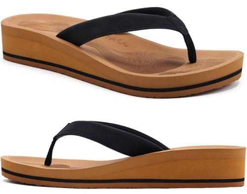 COFACE Femmes Tongs Mode Sandales Tong Compensees été Plage Piscine et Vacances avec Tapis de Yoga Confortable Noir Kaki Taille 38