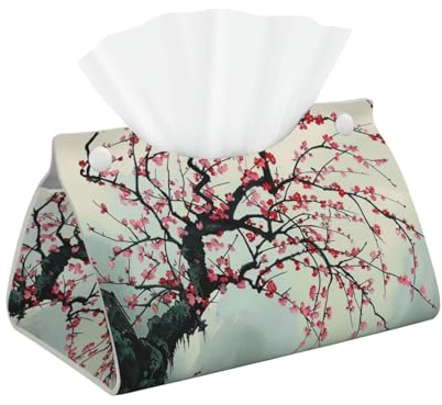 Japanese Cherry Tree Printed Tissue Box Cover | Stylish Leather Tissue Paper Holder for Home Hotel Car Office Decor