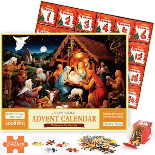 Advent Calendar 2024, 1008 pieces Jigsaw Puzzle, 24 Days Countdown Surprise for the Holiday, Christmas Countdown Calendar, Advent Puzzle Gift Idea for Adult and Kids Aged 3+