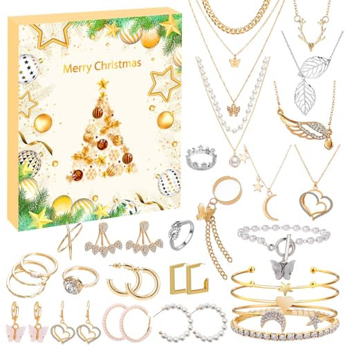 Adventskalender 2024 Frauen Schmuck, Adventskalender Schmuck 24 Tage Weihnachts-Countdown Weihnachtskalender Schmuck mit Armband Halskette Ohrring Ring für Erwachsene Frauen Damen Mädchen