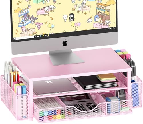 OPNICE Organiseur de bureau et accessoires, support de moniteur d'ordinateur à 2 niveaux avec tiroir et 2 porte-stylos, support pour ordinateur portable, accessoires de bureau pour fournitures de