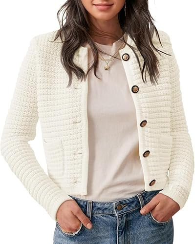 Saodimallsu Damen Kurz Strickjacke Langarm Cardigan Rundhalsausschnitt Knopfleiste Strickweste Vintage Trachtenjacke Elegante Oberteil mit Taschen Weiß S