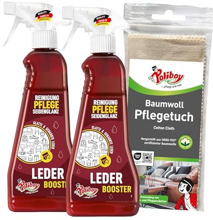 POLIBOY Läder Booster - Rengörande lädervårdsmedel för kläder och möbler - Läderrengöringsmedel med vårdeffekt - 2x 375 ml - Med bomullstyg - Tillverkat i Tyskland