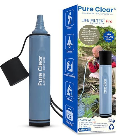 Pure Clear Life Filter Pro - Water Filter Straw Survival & Hiking 500 Litres Filter Life - Water Filter Camping - Removes 99.99% Viruses, Bacteria & More - Easy Use & Portable Water Purification Straw