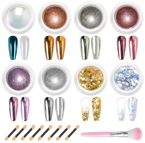 BISHENGYF 8 Colors Chrome Powder for Nails, Gold Silver Pink Chrome Nail Power Iridescent Metallic Mirror Nail Powders, Chrome Pigment Glitter for Nail Art Decorations