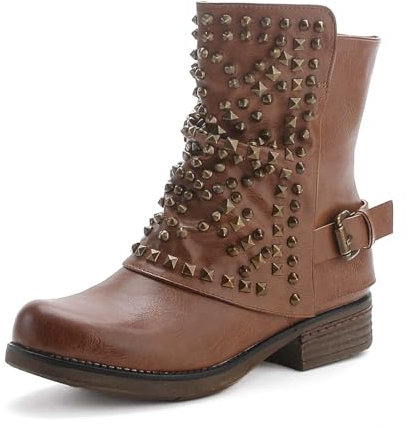 Pogolino Damen Stiefeletten Nieten Biker Boots mit Reißverschluß flach bequem Stiefel ST016 (ST03 Camel 41)