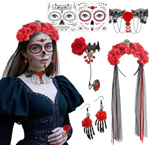 Serre-tête d'Halloween et voile pour le visage et le carnaval - Accessoire de costume mexicain - Bijou de cheveux pour femme - Voile pour Halloween, carnaval, cosplay (7 pièces)